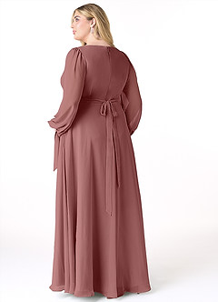 Azazie Leonia Robes de demoiselle d'honneur Robe Trapèze en Mousseline de soie Manche longue Rose Du Désert image9