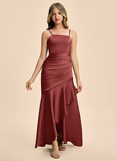 Azazie Aspyn Junior Terracotta Mermaid Ruched Stretch Satin Dress image4