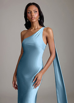 Azazie Galinda Brudtärnklänningar Klä av Sjöjungfru i Stretch Satin Ena axeln Stålblå image3