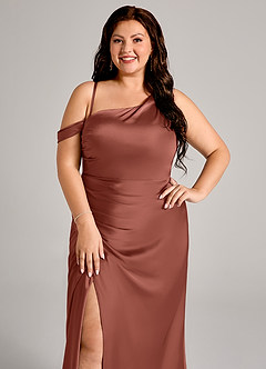 Azazie Madelyn Jurken voor bruidsmeisjes Converteerbaar Jurk van Stretch Satijn met Zeemeermin One-Shoulder Kastanjebruin image11