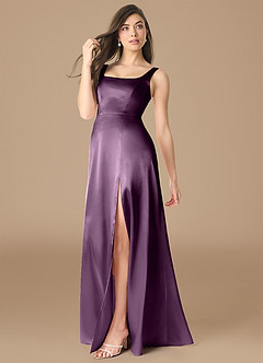Azazie Joyce Bridesmaid Dresses Plum A-Line Side Slit Metallic Satin Dress image3