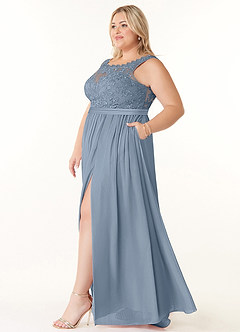 Azazie Elly Robes de demoiselle d'honneur Robe Trapèze en Mousseline de soie Encolure dégagée en dentelle Bleu Poussiéreux image9