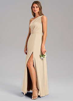 Azazie Phaedra Bridesmaid Dresses Champagne A-Line One Shoulder Chiffon Dress image5