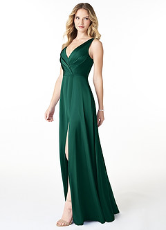Azazie Nelly Bridesmaid Dresses Emerald A-Line V-Neck Pleated Stretch Satin Dress image3