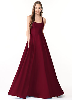 Azazie Neve Vestidos de damas de honor Vestido de Borgoña de Satén Elástico de Corte Princesa con Con bolsillos image1