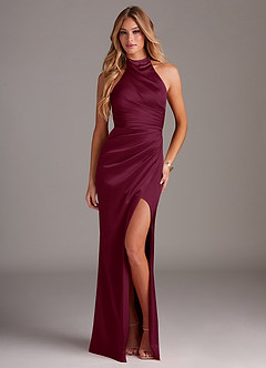 Azazie Jemma Bridesmaid Dresses Mulberry Sheath Pleated Stretch Satin Dress image4