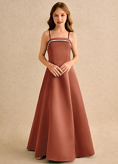 Azazie Izel Girls Formal vestidos de niña de las flores Vestido de Marfil Castaño de Satin Mate de Corte en A con Plisado image6