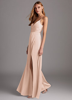 Azazie Calissa Bridesmaid Dresses Blushing Pink A-Line V-Neck Pleated Stretch Satin Dress image4