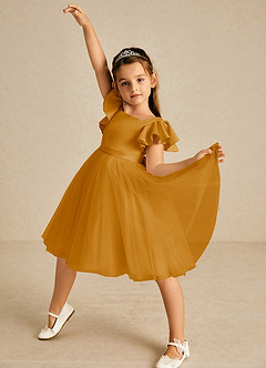 Azazie Kaeya Flower Girl Dresses Butterscotch A-Line Bow Tulle Dress image2