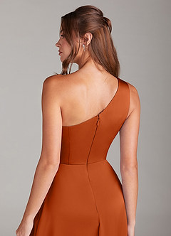 Azazie Brooke 신부 들러리 드레스 A라인 한쪽 어깨 스트레치 새틴 발목 길이 드레스 image2