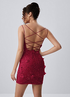 Marceline Wine Spaghetti Strap 3D Floral Lace-Up Bodycon Mini Dress image3
