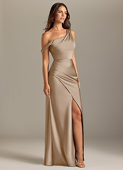 Azazie Madelyn Bridesmaid Dresses Taupe Mermaid Off the Shoulder Stretch Satin Convertible Dress image4