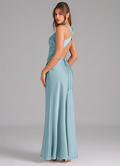 Azazie Evadne Bridesmaid Dresses Moody Blue A-Line Pleated Stretch Satin Dress image5