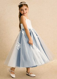 Azazie Coraline Flower Girl Dresses Ivory Dusty Blue A-Line Lace Dress image5