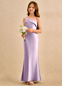 Azazie Almond Girls Formal 플라워 걸 드레스 쉬스 한쪽 어깨 스트레치 새틴 플로어 길이 드레스 image3