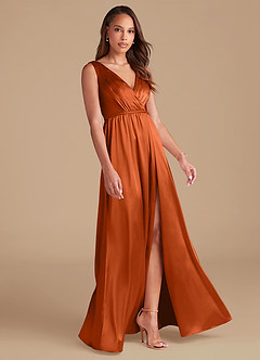 Azazie Tanicia Bridesmaid Dresses Burnt Orange A-Line Pleated Metallic Satin Dress image4