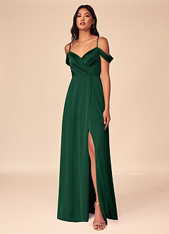 Azazie Ocean Bridesmaid Dresses Dark Green A-Line V-Neck Pleated Stretch Satin Dress image1