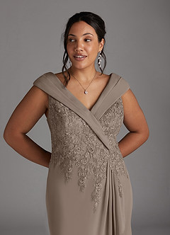 Azazie Calathea Mother of the Bride Dresses Taupe A-Line Lace Dress image10