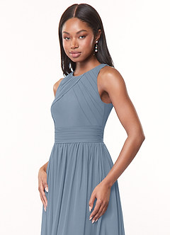 Azazie Harper Bridesmaid Dresses Dusty Blue A-Line Pleated Chiffon Dress image5