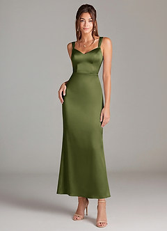 Azazie Denice Abiti da Damigella Abito Tubino in Raso Elasticizzato Plissettato Oliva image3