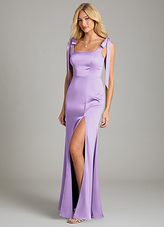 Azazie Frostine Vestidos de damas de honor Vestido de Lila de Satén Elástico de Corte en A con Lazo image1