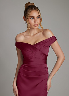 Azazie Teyana Bridesmaid Dresses Mulberry Sheath Off the Shoulder Stretch Satin Dress image2