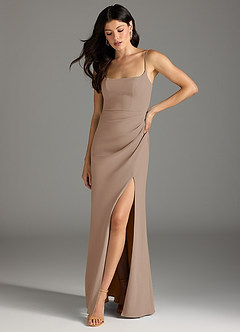 Azazie Rhoda Bridesmaid Dresses Taupe Sheath Pleated Stretch Crepe Dress image3