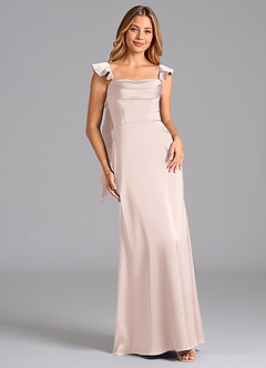 Azazie Adi 신부 들러리 드레스 A라인 주름진 스트레치 새틴 바닥 길이 드레스 image1