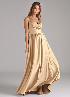 Azazie Kora Bridesmaid Dresses Champagne A-Line Pleated Stretch Satin Dress image4