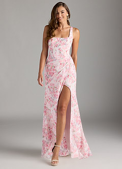 Azazie Mero Bridesmaid Dresses Abstract Watercolor Floral Sheath Pleated Chiffon Dress image1