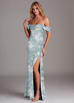 Azazie Saige Bridesmaid Dresses Powder Blue Floral Sheath Off the Shoulder Stretch Satin Dress image5