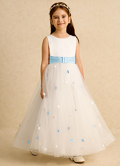 Azazie Cricket vestidos de niña de las flores Vestido de Marfil Azul Cielo de Satin Mate de Princesa con Plisado image6