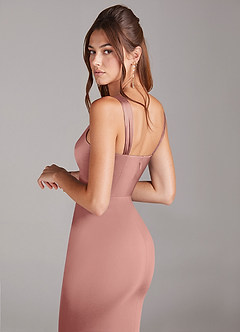 Azazie Denice Bridesmaid Dresses Rosette Sheath Pleated Stretch Satin Dress image5