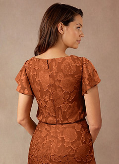 Azazie Lehi vestidos de madre de la novia Vestido de Naranja Quemada de Devorado Floral de Corte en A con Cuello de barco image7