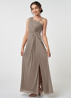 Azazie Brooke Junior Taupe A-Line Pleated Mesh Dress image3
