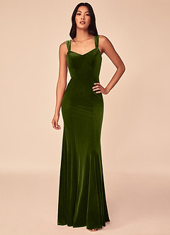 Azazie Lanessa Robes de demoiselle d'honneur Robe Sirène en velours Col en V avec trou de serrure au dos Olive image1
