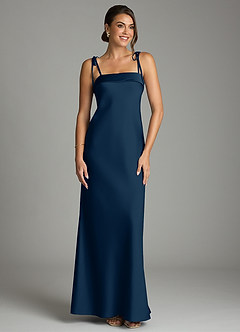 Azazie Ellia Bridesmaid Dresses Dark Navy Sheath Bow Stretch Satin Dress image1