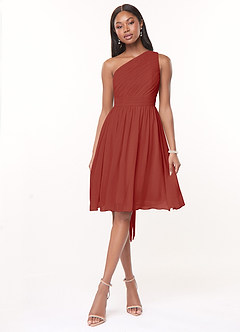 Azazie Katrina Robes de demoiselle d'honneur Robe Trapèze en Mousseline de soie Ue épaule Terracotta image1