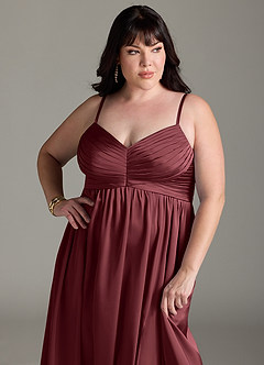 Azazie Alia Bridesmaid Dresses Merlot A-Line Pleated Stretch Satin Dress image14