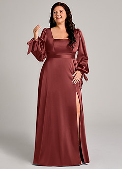Azazie Leonia Bridesmaid Dresses Terracotta A-Line Long Sleeve Stretch Satin Dress image10
