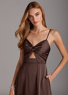 Azazie Jenna 신부 들러리 드레스 A라인 주름진 스트레치 새틴 바닥 길이 드레스 image5