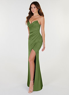 Azazie Yola Robes de demoiselle d'honneur Robe Fourreau Convertible en Satin extensible Plissee mit V-Ausschnitt Genévrier image3