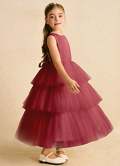 Azazie Marshmallow Flower Girl Dresses Pomegranate Ball-Gown Bow Tulle Dress image3