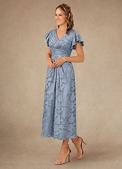 Azazie Vera Mother of the Bride Dresses Dusty Blue A-Line Pleated Floral Burnout Dress image2