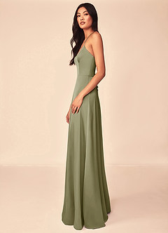 Azazie Mei At-home Try On Dresses Pistachio A-Line V-Neck Stretch Satin Dress image4