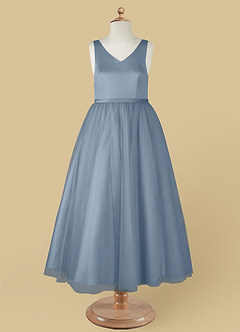 Azazie Marybell Flower Girl Dresses Dusty Blue A-Line Bow Tulle Dress image9
