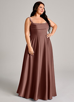 Azazie Shaude Bridesmaid Dresses Espresso A-Line Pleated Stretch Satin Dress image10