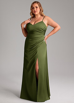 Azazie Azuree Bridesmaid Dresses Olive A-Line Pleated Stretch Satin Dress image1