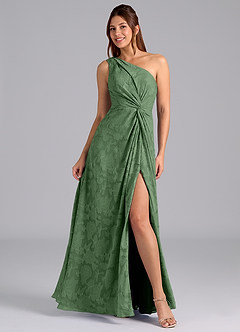 Azazie Brooke Bridesmaid Dresses Eucalyptus A-Line One Shoulder Floral Burnout Dress image1