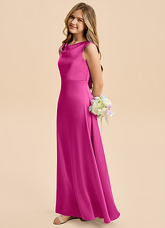 Azazie Kiki Junior Robe Trapèze en Satin extensible Arc Fuchsia image1